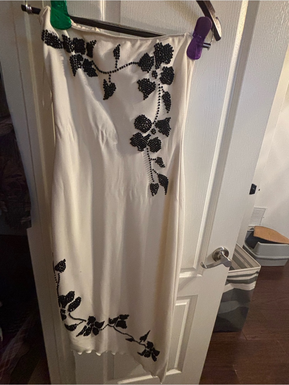 Cache Ivory Midi Slip Dress with Black Beaded Floral Appliqué